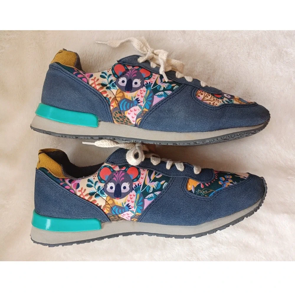 Inkkas Koala Jogger Sneakers Womens 10 Blue Suede Floral Animal Print Shoes